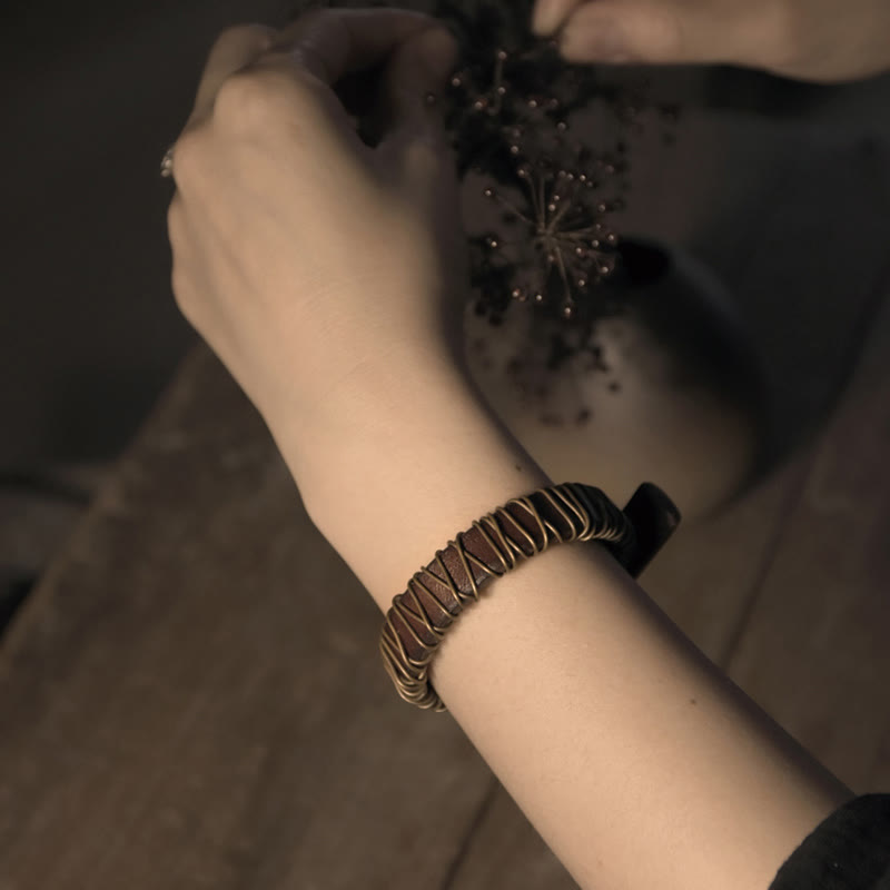 Black Leather Copper Wire Wrap Spiritual Balance Bracelet