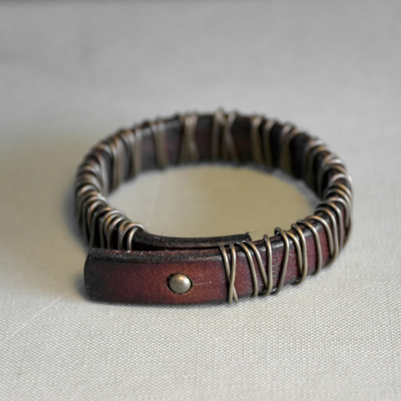Black Leather Copper Wire Wrap Spiritual Balance Bracelet