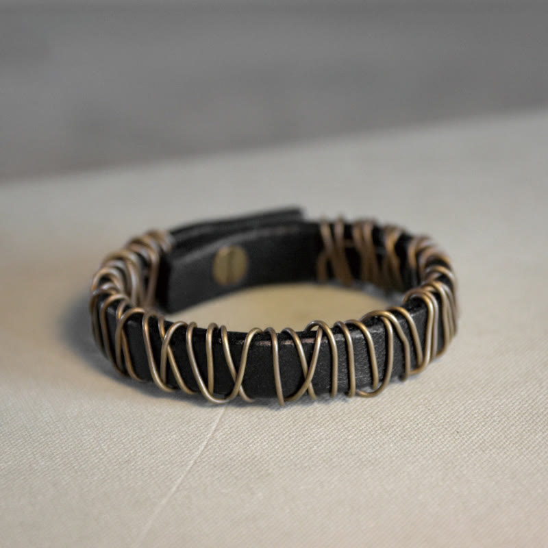 Black Leather Copper Wire Wrap Spiritual Balance Bracelet