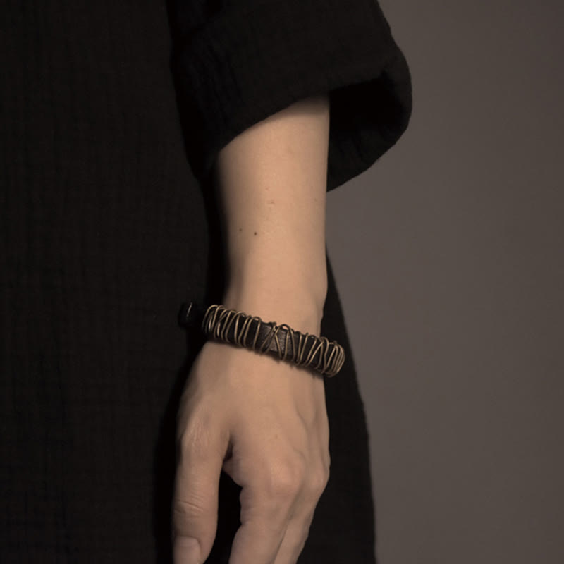 Black Leather Copper Wire Wrap Spiritual Balance Bracelet
