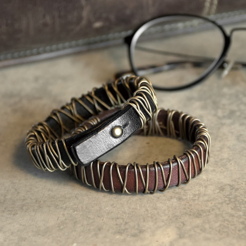 Black Leather Copper Wire Wrap Spiritual Balance Bracelet