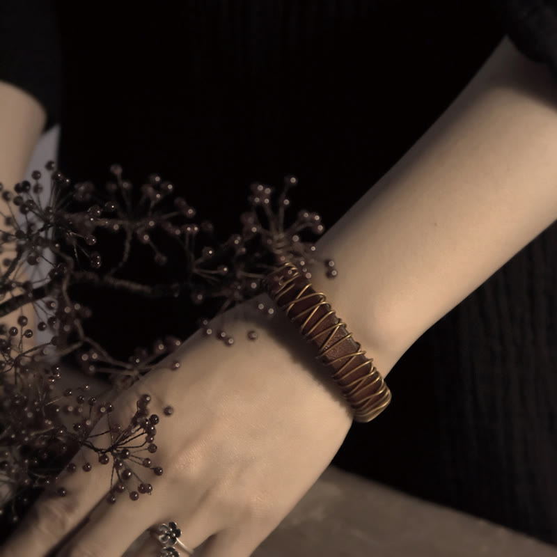 Black Leather Copper Wire Wrap Spiritual Balance Bracelet