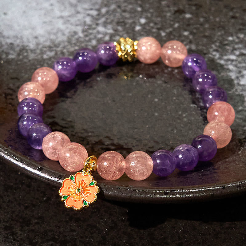 8 mm Amethyst Erdbeerquarz Blumen Charm Heilarmband