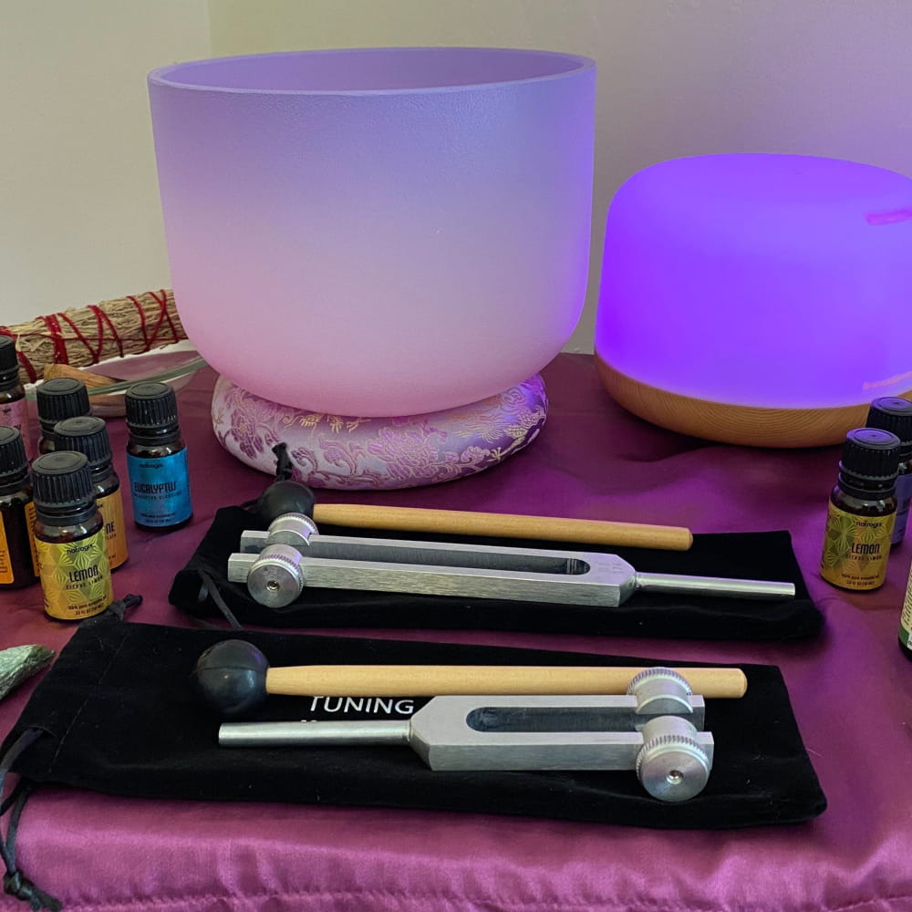 Frosted Quartz Crystal Singing Bowl with 174 Hz & 528 Hz Healing Tuning Forks and Oils