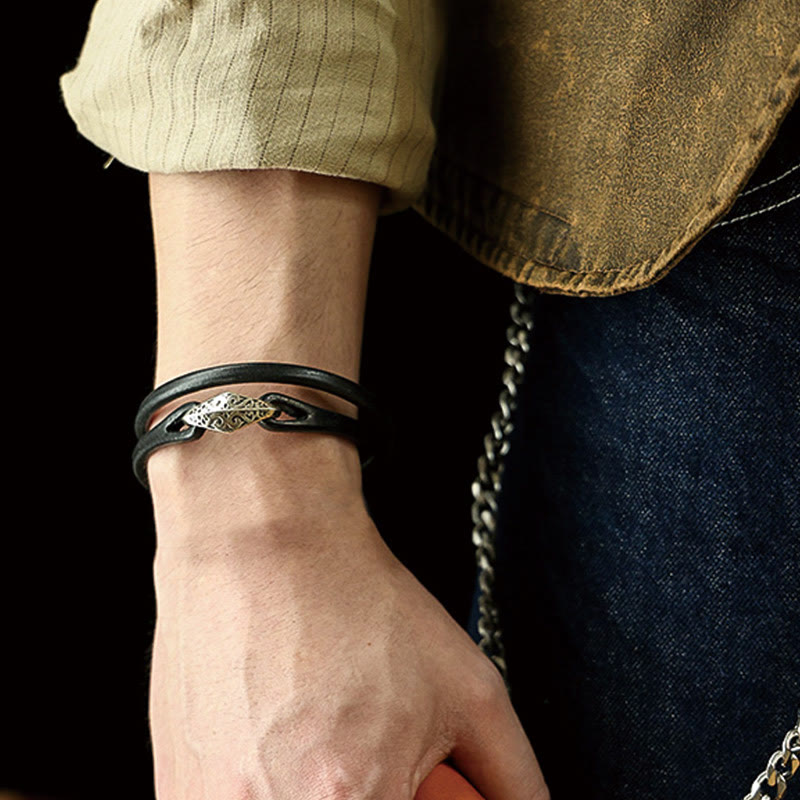 Unisex-Leder-Mehrfach-Schutzarmband mit Silber
