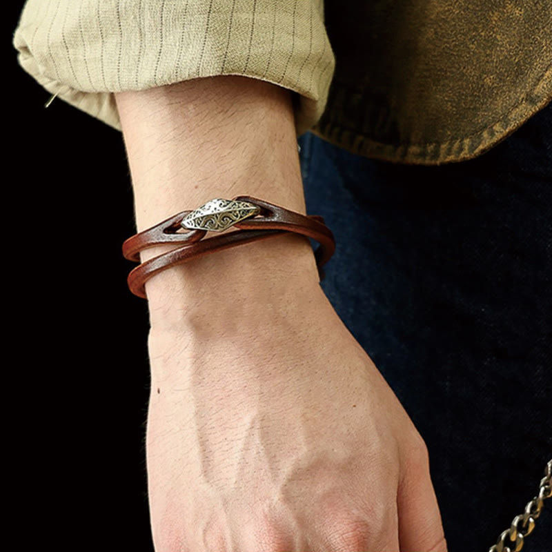 Unisex-Leder-Mehrfach-Schutzarmband mit Silber