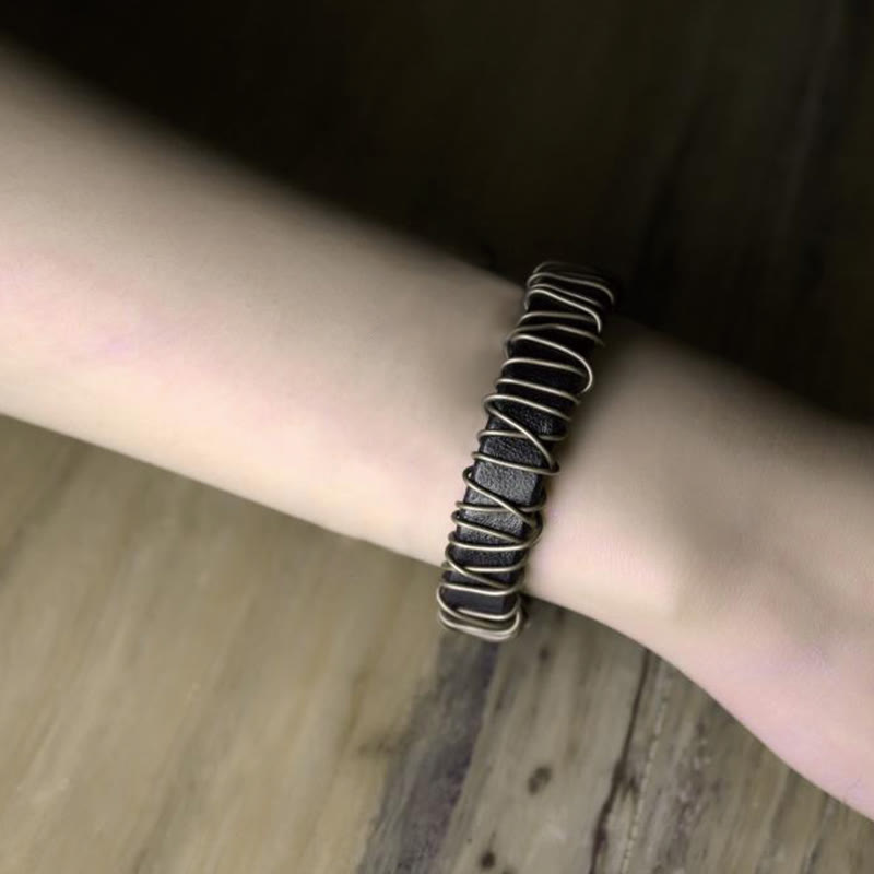 Black Leather Copper Wire Wrap Spiritual Balance Bracelet