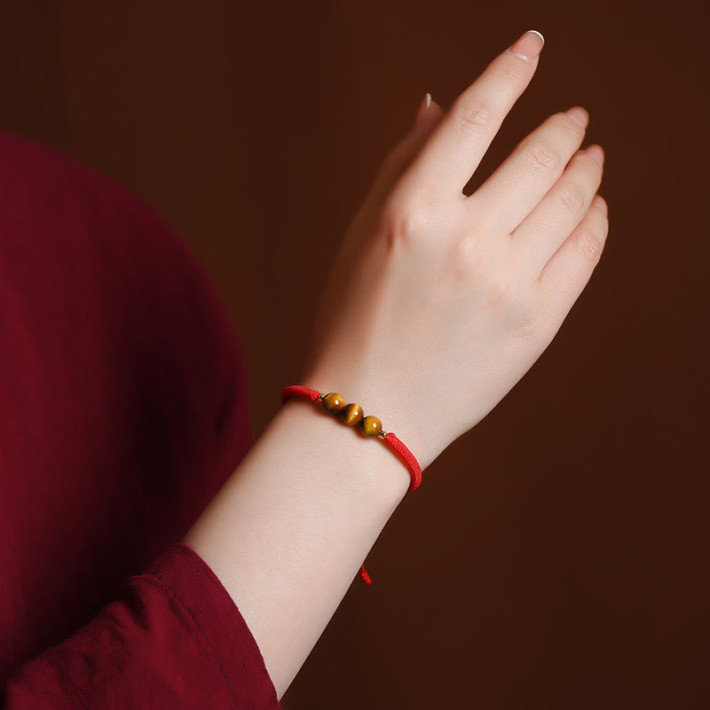 8 mm großes Schutzarmband mit drei Perlen und Tigerauge, mit rotem oder schwarzem Seil