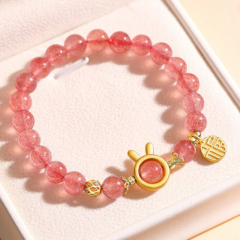 8mm Strawberry Quartz Love Bracelet with Rabbit Fu Charm