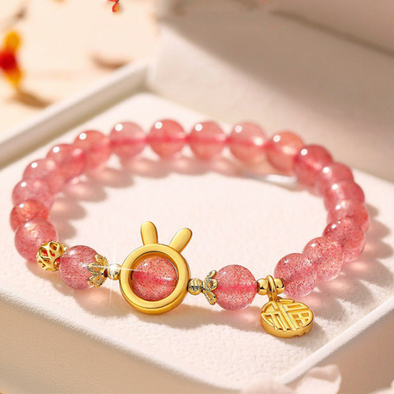 8mm Strawberry Quartz Love Bracelet with Rabbit Fu Charm