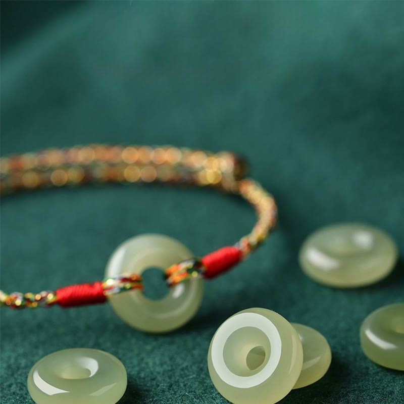 Handgefertigtes Jade-Wohlstandsarmband mit Peace-Schnalle, Seil, 14–17 cm