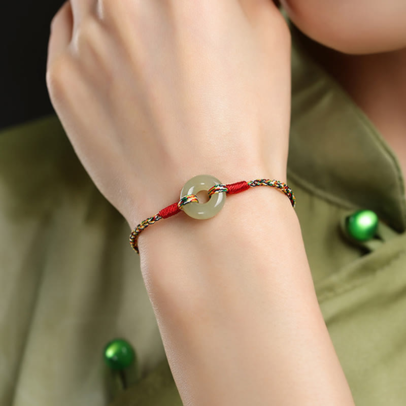 Handgefertigtes Jade-Wohlstandsarmband mit Peace-Schnalle, Seil, 14–17 cm