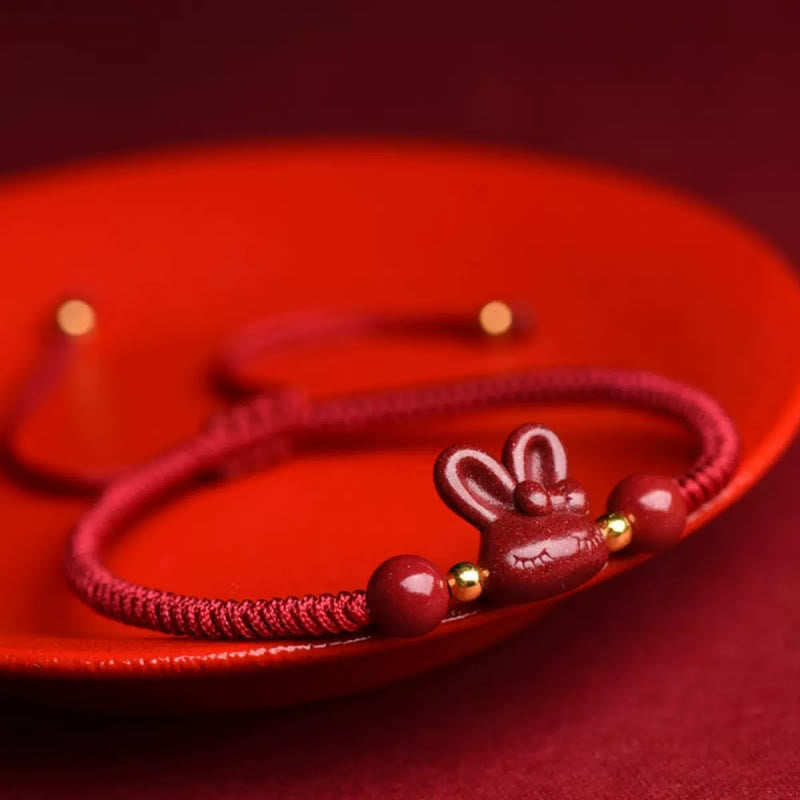 Glücksarmband mit chinesischem Sternzeichen Hase, Zinnober, 14–17 cm