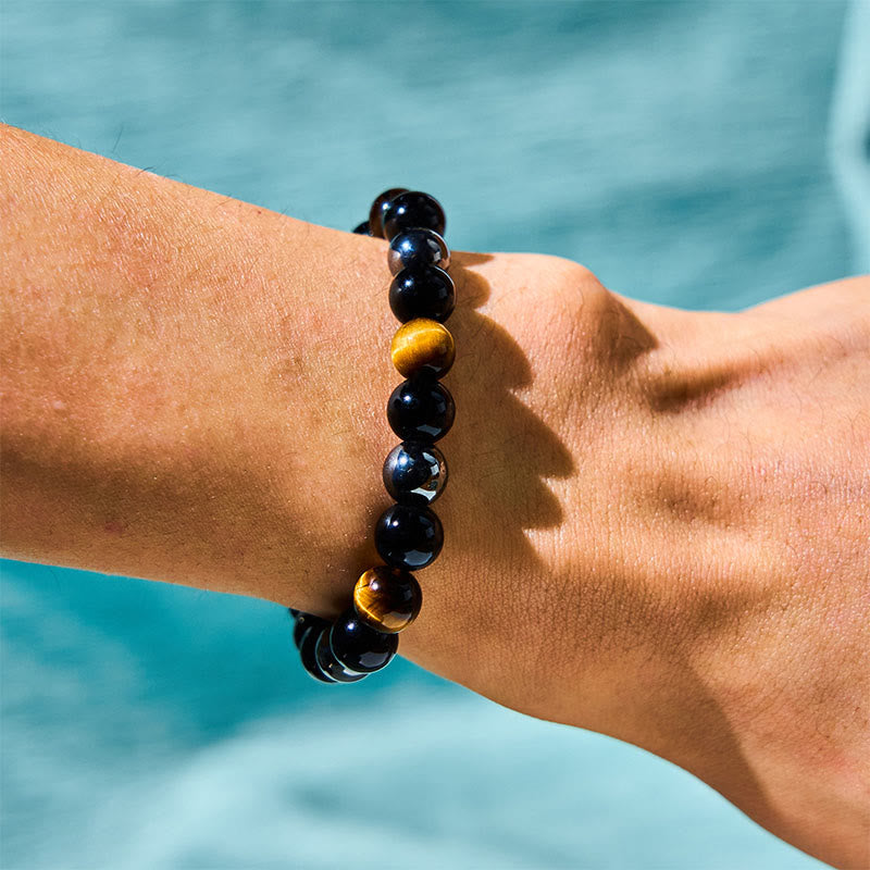 8 mm Tigerauge-Obsidian-Hämatit-Armband für Herren zum Schutz