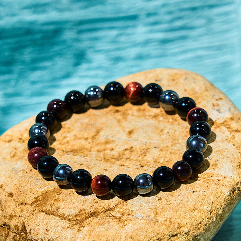 8 mm Tigerauge-Obsidian-Hämatit-Armband für Herren zum Schutz