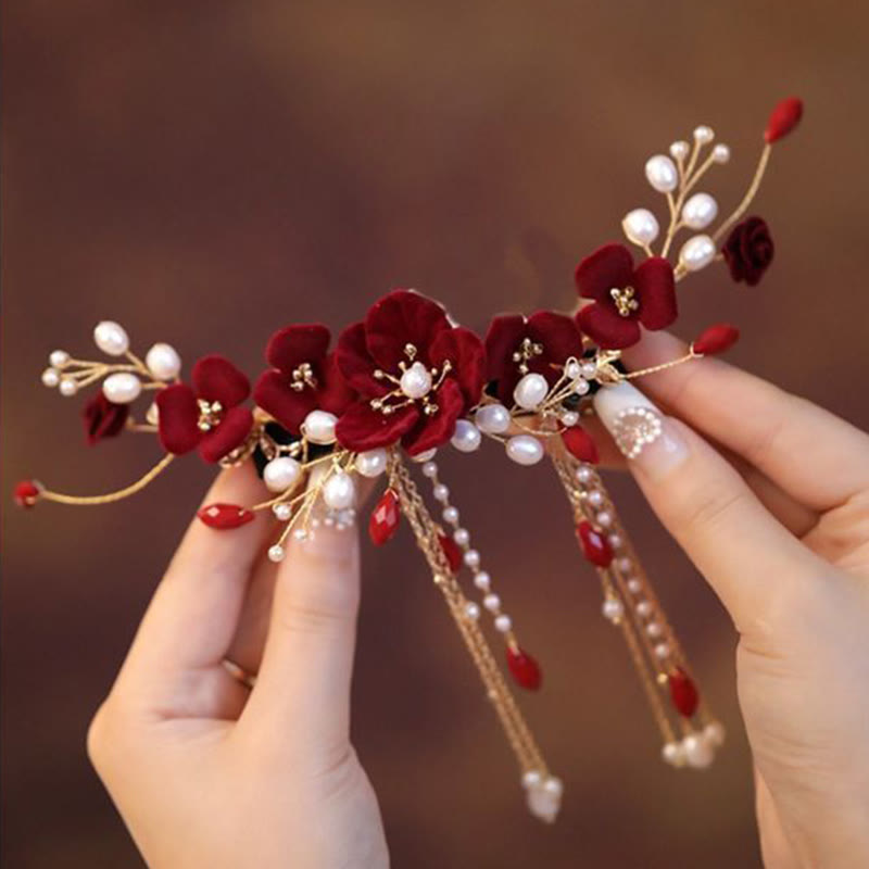 Red Rose Chinese Wedding Hair Clip with Pearls | Elegant Bridal Hairpin