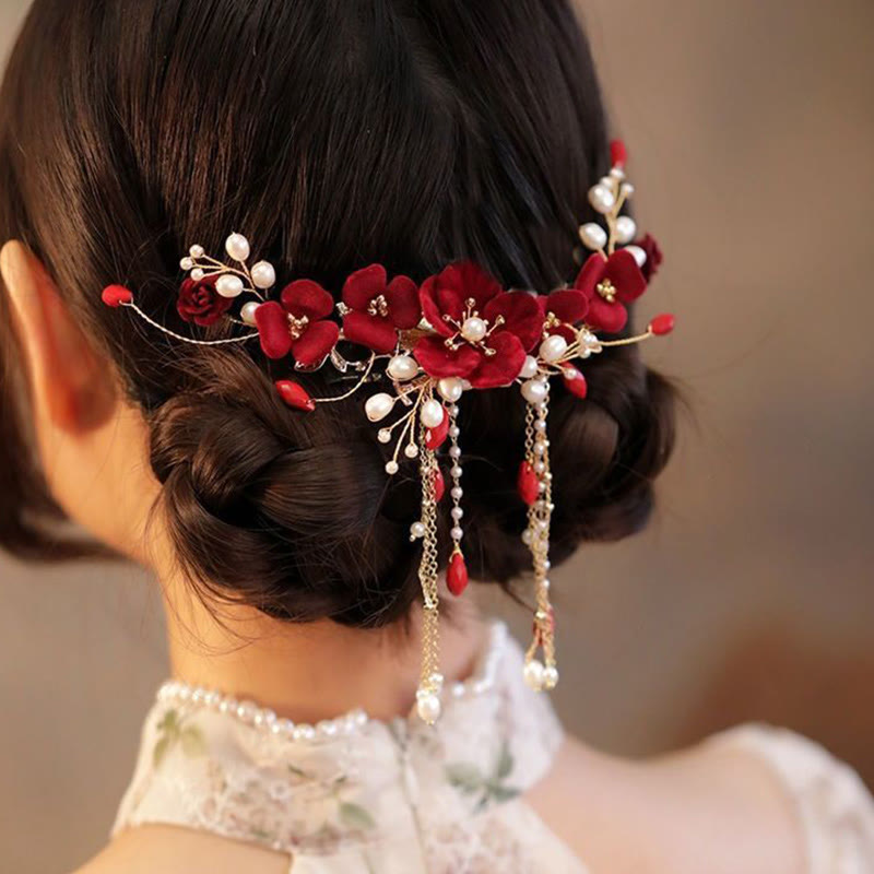 Red Rose Chinese Wedding Hair Clip with Pearls | Elegant Bridal Hairpin