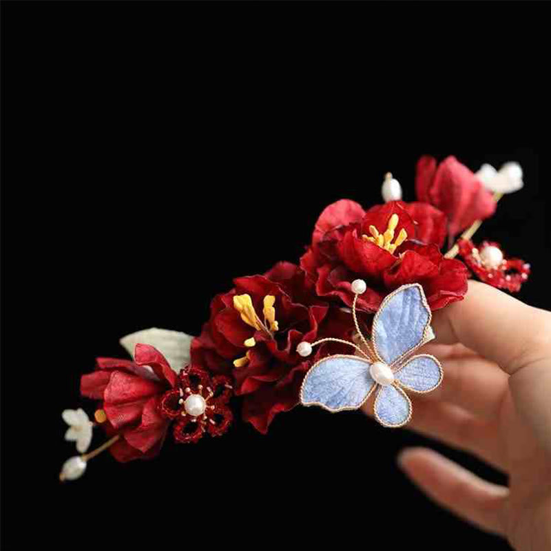 Red Flower Butterfly Chinese Wedding Hair Clip for Bride