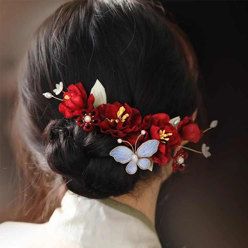 Red Flower Butterfly Chinese Wedding Hair Clip for Bride