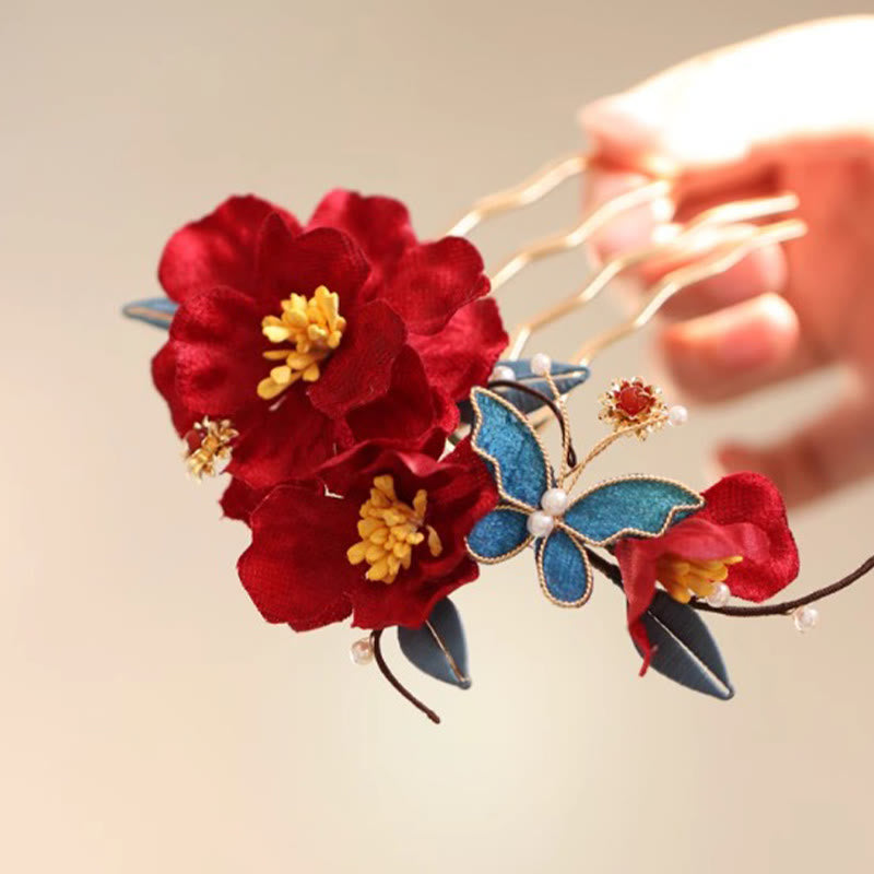 Red Camellia Butterfly Chinese Hairpin for Transformation & Hope