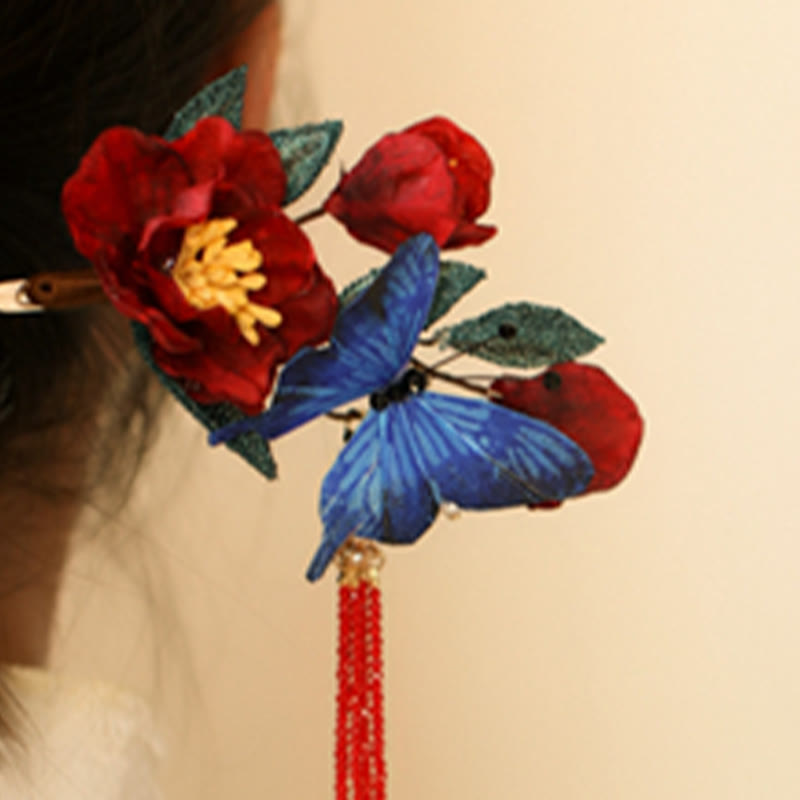 Chinesische Haarnadel | Rote Blume & Blauer Schmetterling