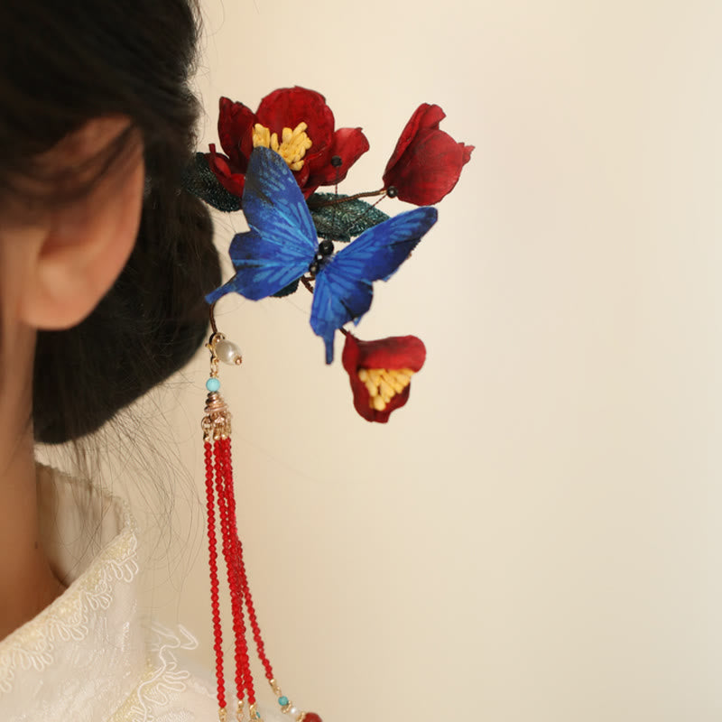 Chinesische Haarnadel | Rote Blume & Blauer Schmetterling