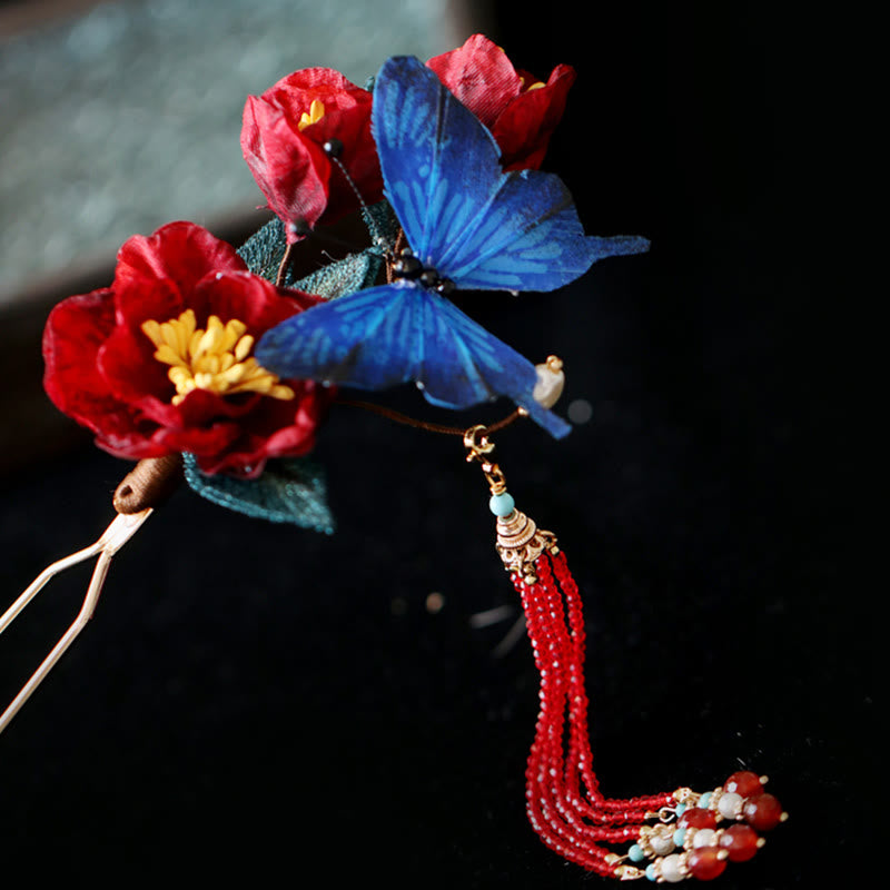 Chinesische Haarnadel | Rote Blume & Blauer Schmetterling