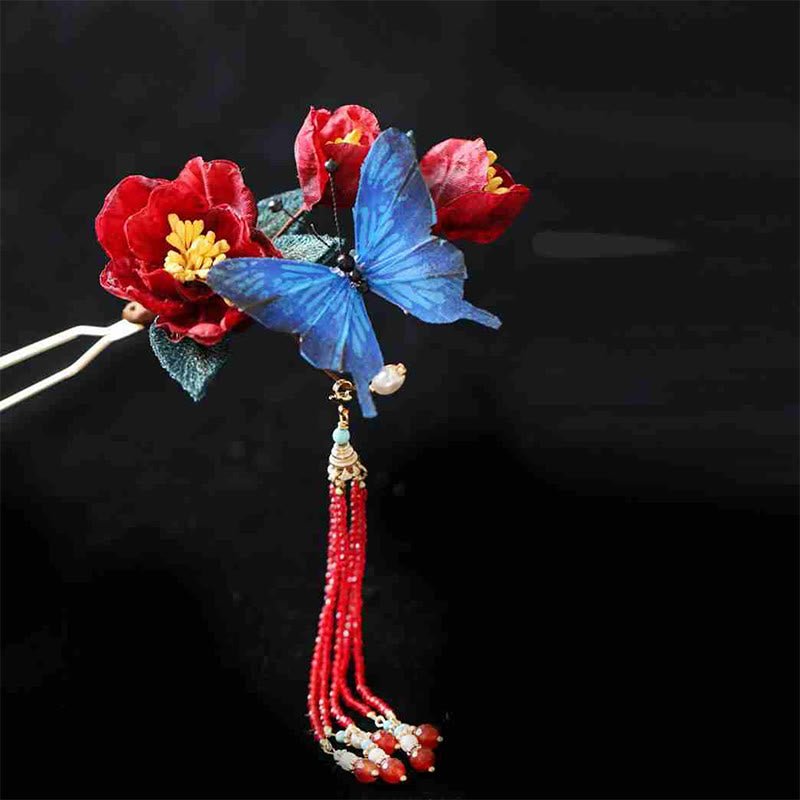 Chinesische Haarnadel | Rote Blume & Blauer Schmetterling