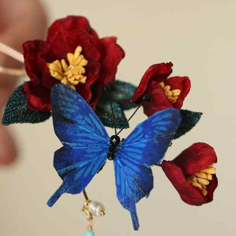 Chinesische Haarnadel | Rote Blume & Blauer Schmetterling