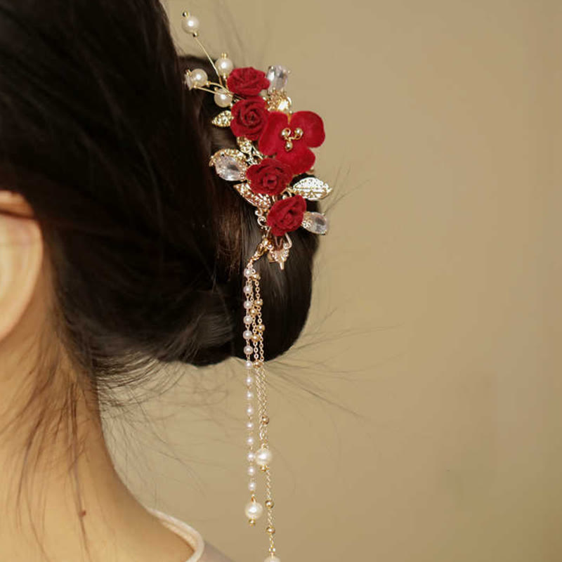 Red Camellia Tassel Chinese Hair Clip | Retro Style Hairpin
