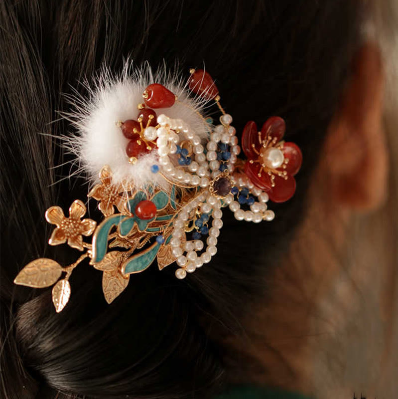Red Flower Butterfly Pearl Chinese Hair Clip | Chinese Hairpins