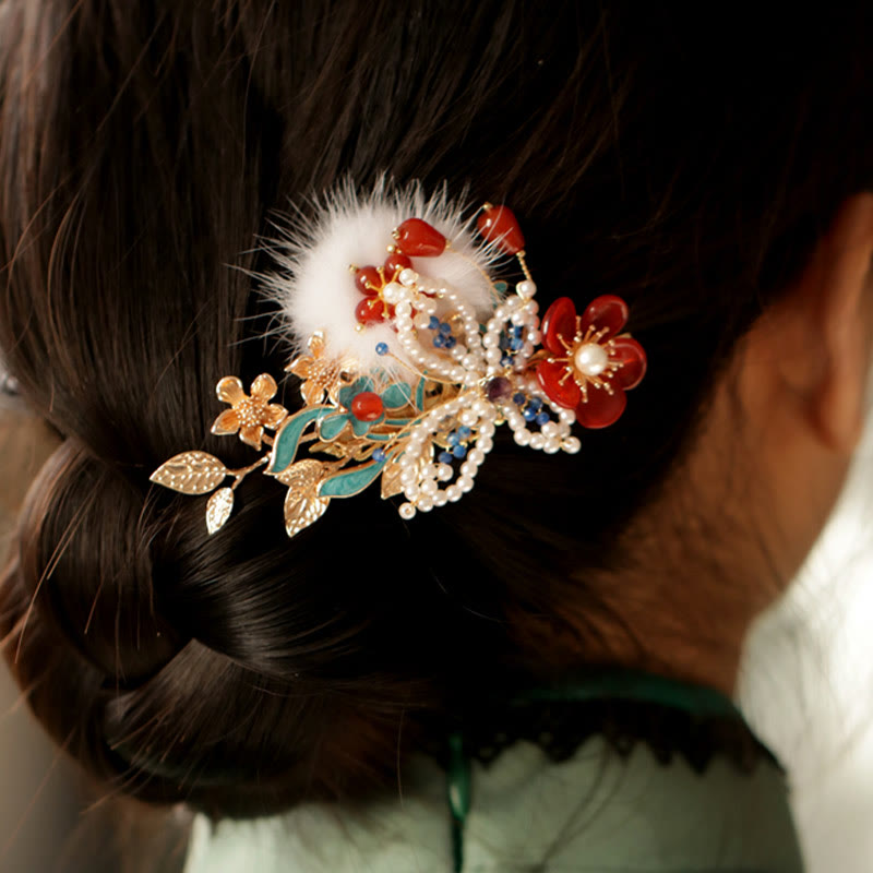 Red Flower Butterfly Pearl Chinese Hair Clip | Chinese Hairpins