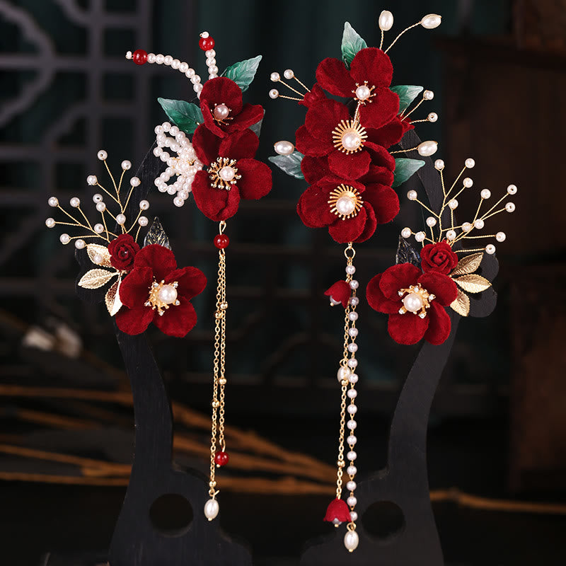 Antiquity Red Flowers Pearl Tassel Chinese Hairpins Set