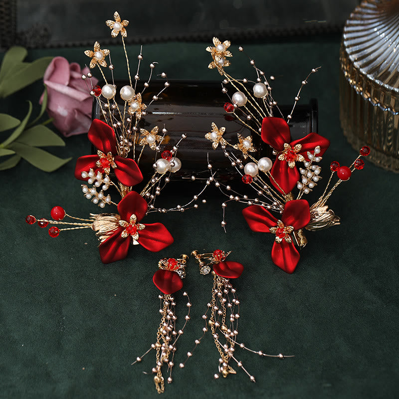 Red Flower Pearl Hair Clip Set | Chinese Wedding Hairpin