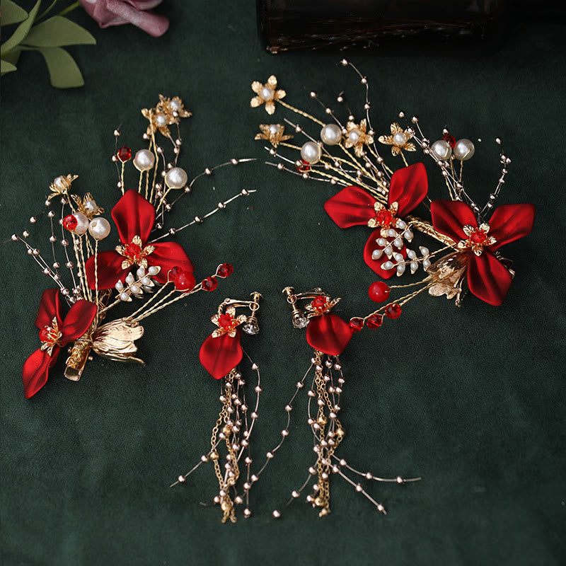 Red Flower Pearl Hair Clip Set | Chinese Wedding Hairpin