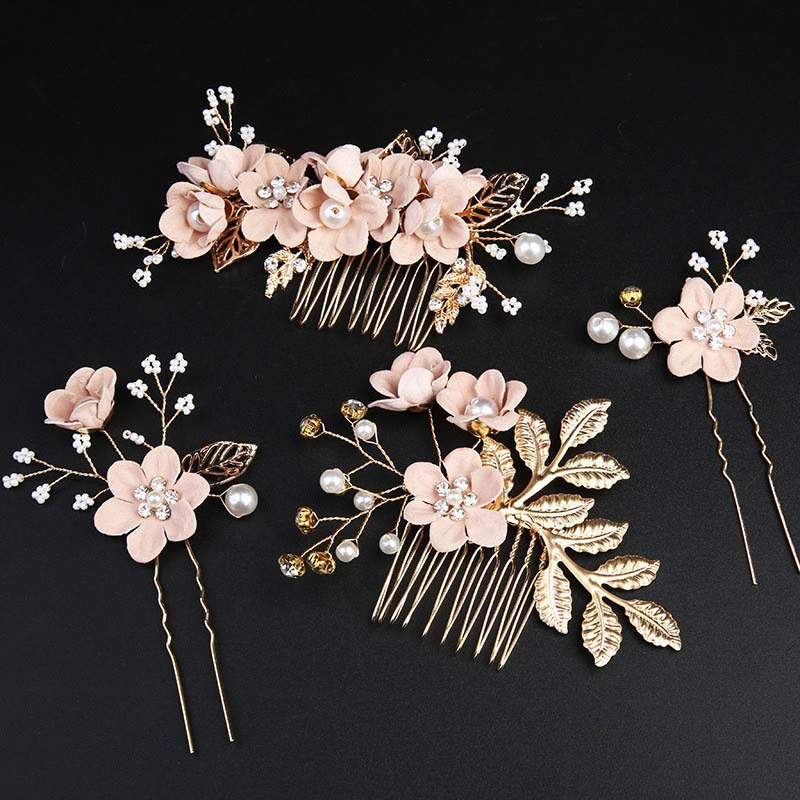 Golden Leaf Flower Pearl Chinese Hairpin Set - 4Pcs Elegant Comb