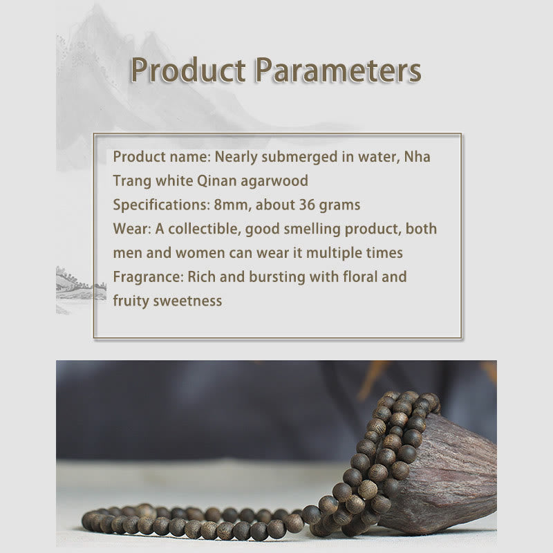 8mm White Qinan Agarwood Wood Mala Bracelet for Peace & Strength