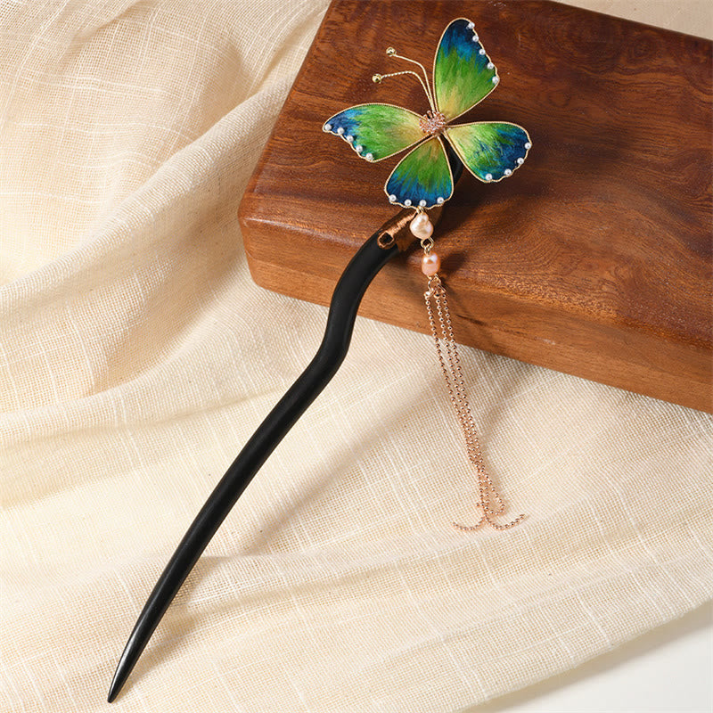 Ebony Wood Butterfly Pearl Hairpin | Chinese Traditional Elegance