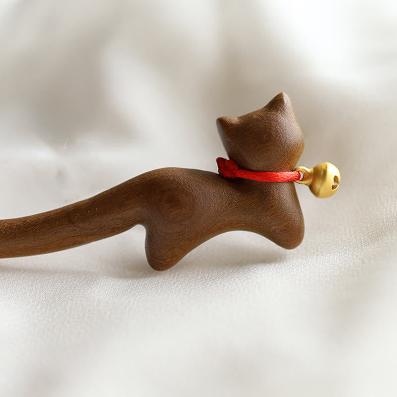 Cat-Shaped Sandalwood Chinese Hairpin for Protection and Calm