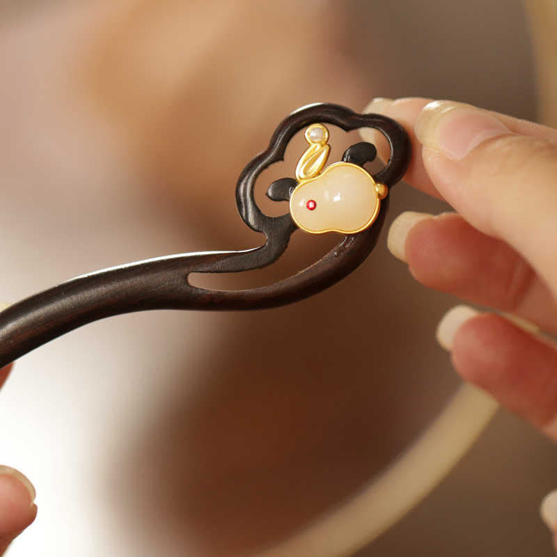 Sandalwood Rabbit Hairpin | Auspicious Cloud Chinese Hairpin