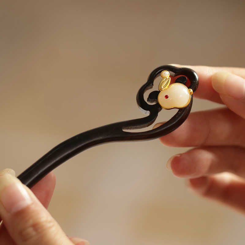 Sandalwood Rabbit Hairpin | Auspicious Cloud Chinese Hairpin