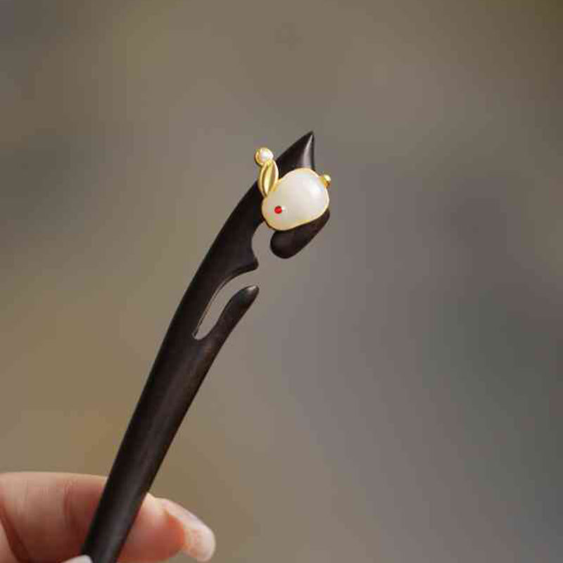 Sandalwood Rabbit Hairpin | Auspicious Cloud Chinese Hairpin