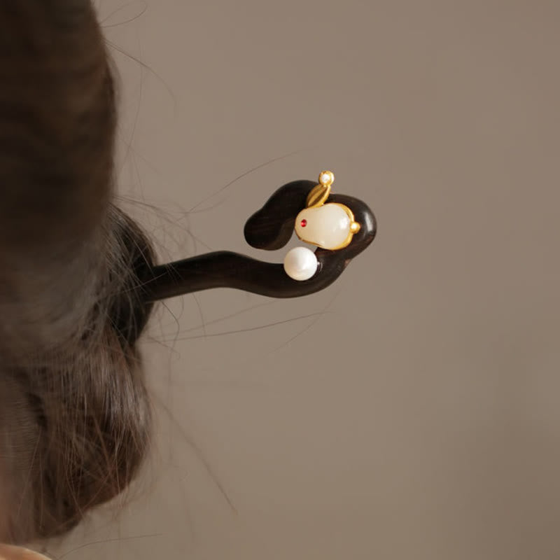 Sandalwood Rabbit Hairpin | Auspicious Cloud Chinese Hairpin