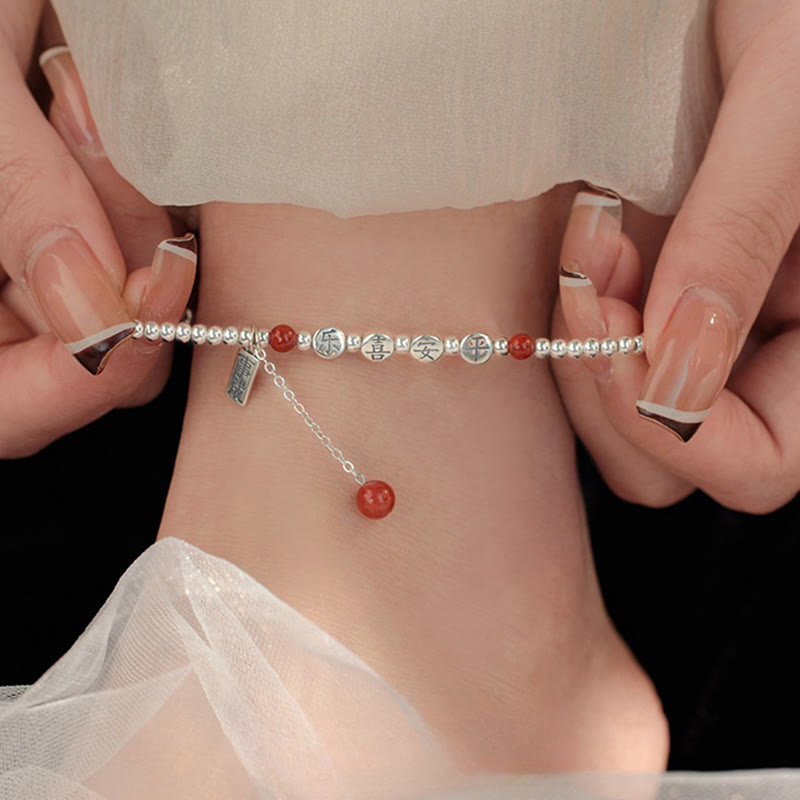 Roter Achat 6 mm & Silber Peace Fußkettchen