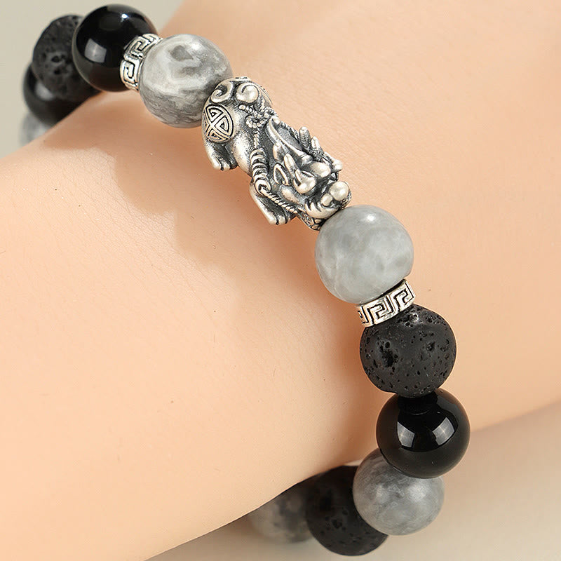 Pixiu Armband aus schwarzem Onyx und grauem Jaspis aus Lavastein