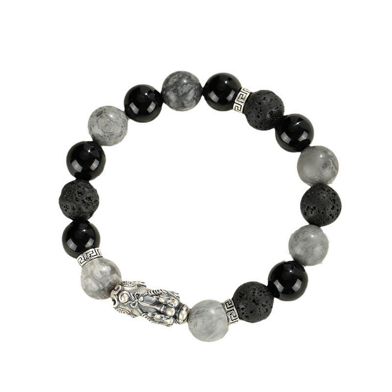 Pixiu Armband aus schwarzem Onyx und grauem Jaspis aus Lavastein