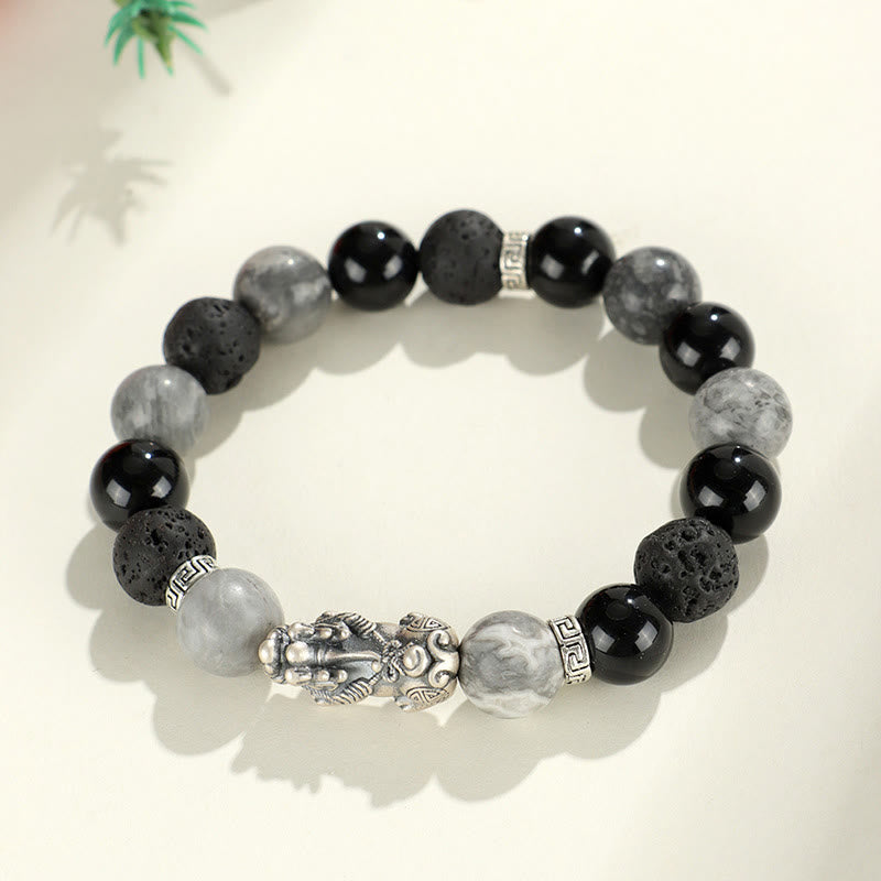 Pixiu Armband aus schwarzem Onyx und grauem Jaspis aus Lavastein