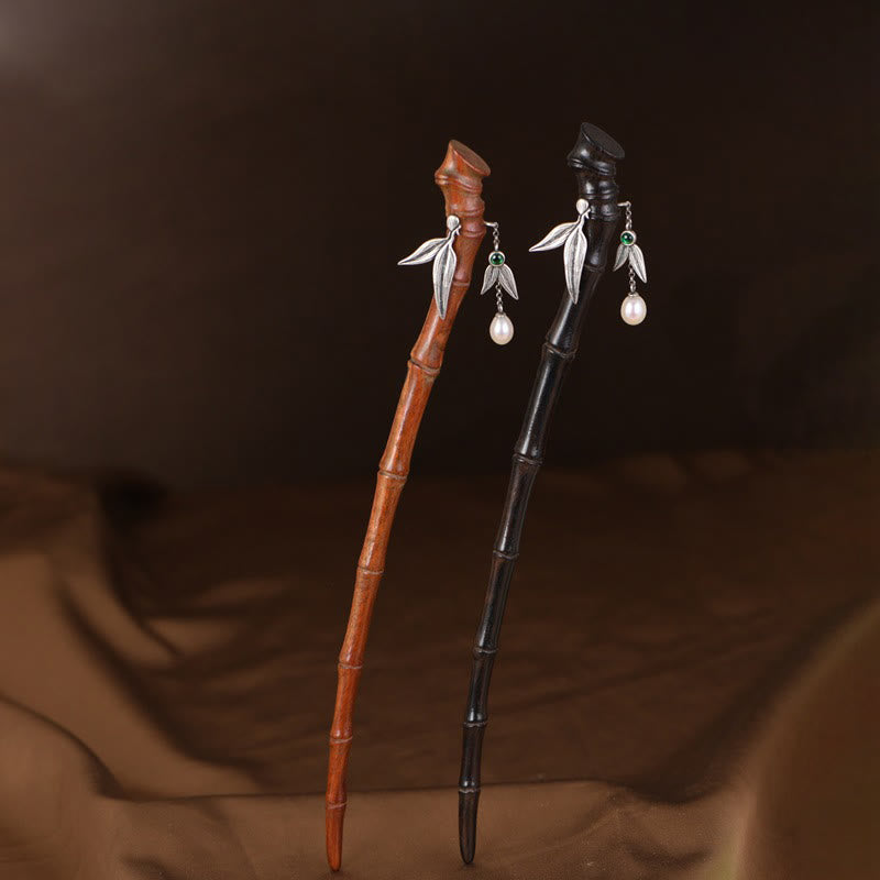 925 Sterling Silver Chinese Hairpin with Red Sandalwood and Ebony
