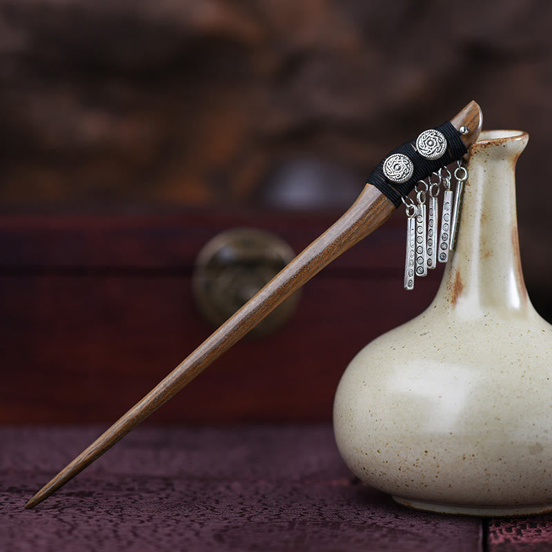 Green Sandalwood Silver Chinese Hairpin for Harmony & Longevity