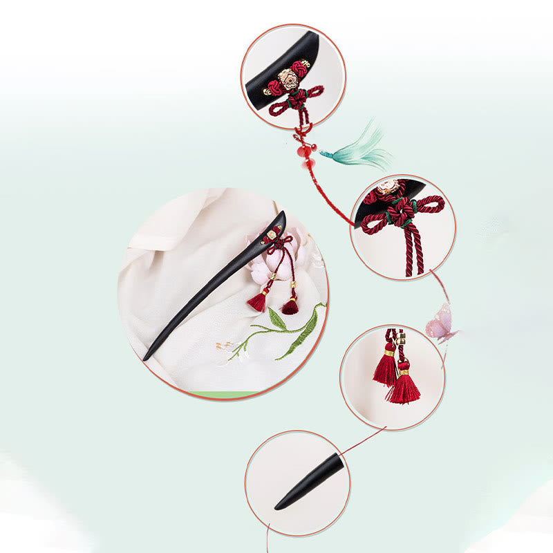 Ebenholz-Haarnadel mit roter Schnurquaste für Schutz und Glück